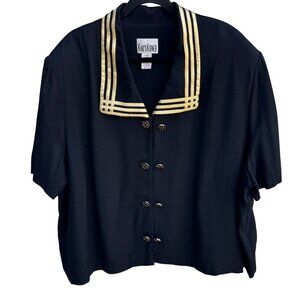 Karis Korner Vintage Womens Black Gold Collar Double Breasted Button Blouse 30